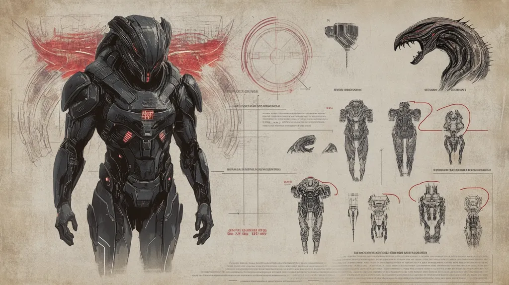 A detailed concept art sheet showcases a dark, armored humanoid figure, possibly a mech suit or exoskeleton.  Accompanying sketches illustrate various component parts, including the suit's segmented armor, and a menacing, biomechanical creature's head.  Technical diagrams and annotations suggest design specifications and development notes, creating a blueprint-like aesthetic. The overall style blends futuristic technology with organic, almost monstrous elements.