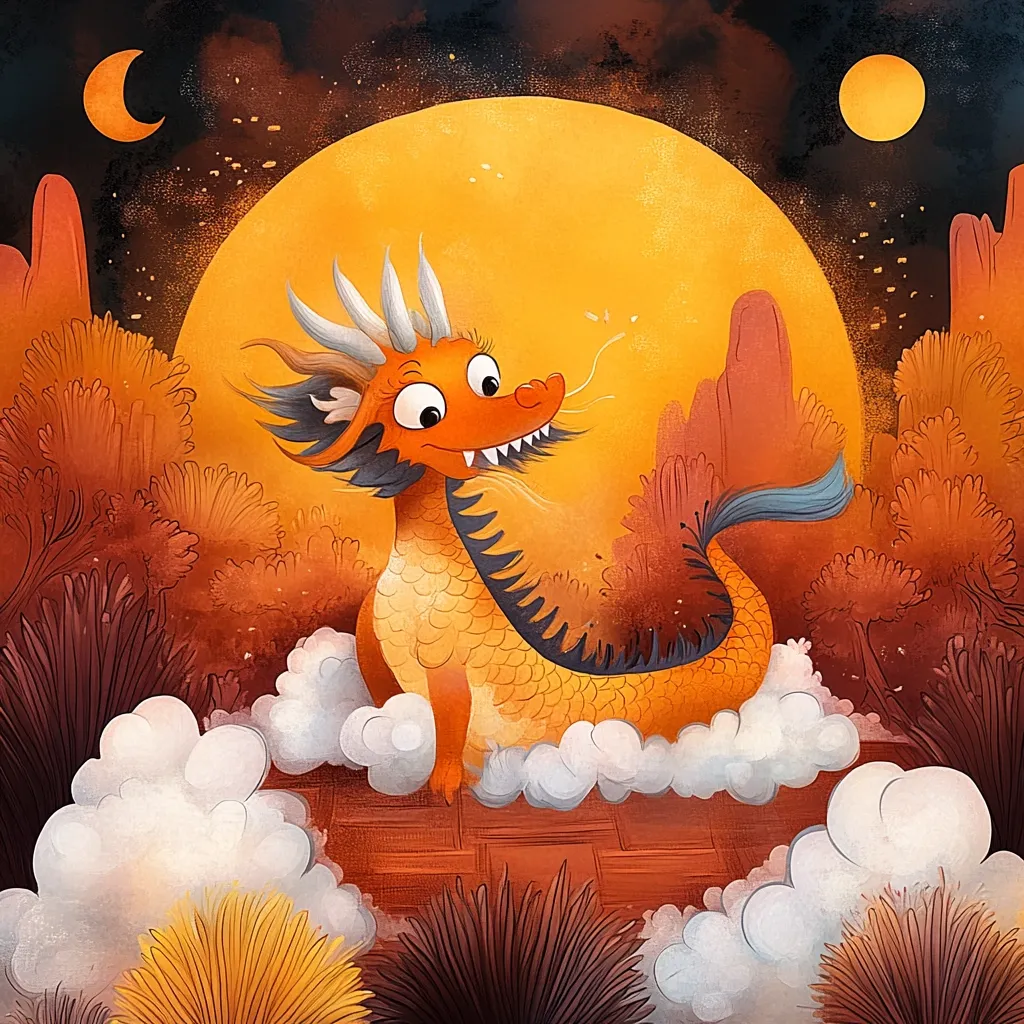 A whimsical illustration depicts a friendly, orange dragon perched atop a cloud formation, set against a backdrop of a large, golden moon and a dusky, autumnal landscape.  The dragon, with exaggerated features and a playful expression, sits serenely amidst stylized foliage under a night sky dotted with celestial bodies. The overall style is vibrant and dreamlike.