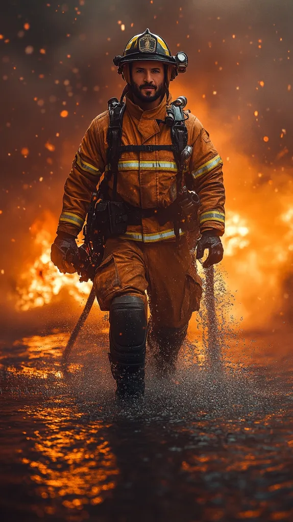 A firefighter in full gear strides through water, a fiery inferno blazing in the background.  He carries equipment, his determined gaze fixed forward.  Sparks and embers illuminate the scene, creating a dramatic contrast between the water's reflection and the intense flames. The image conveys courage and resilience in the face of danger.