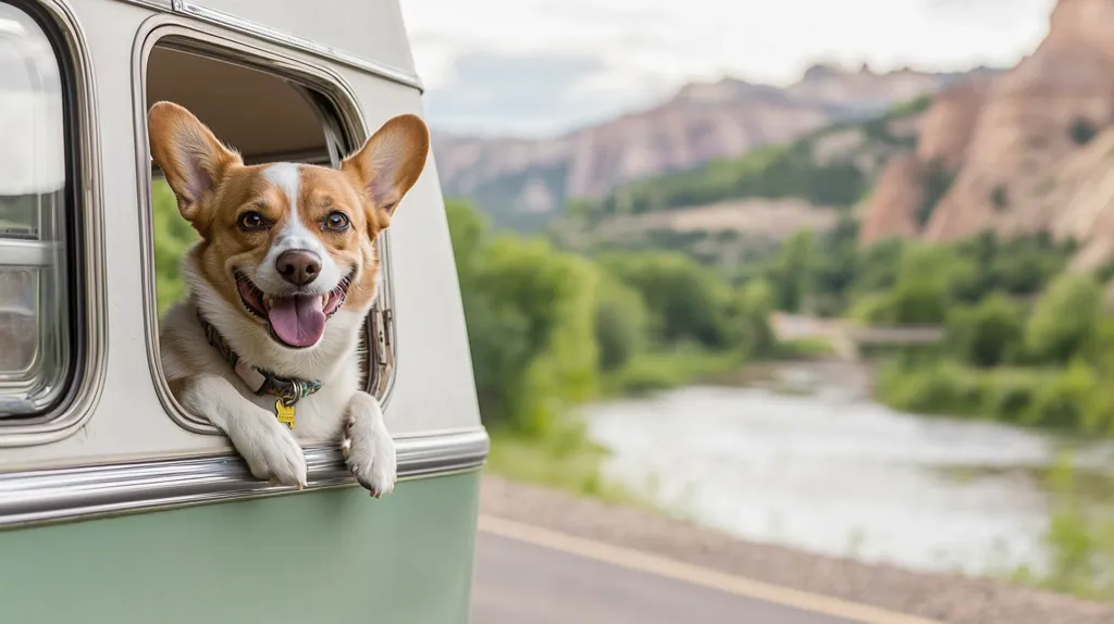 A happy corgi dog peeks out of a vintage camper van window.  Its tongue hangs out, showing pure joy. The van is light green and white, parked by a scenic river with rolling hills and mountains in the background.  The overall scene evokes a sense of carefree adventure and road trip fun.
