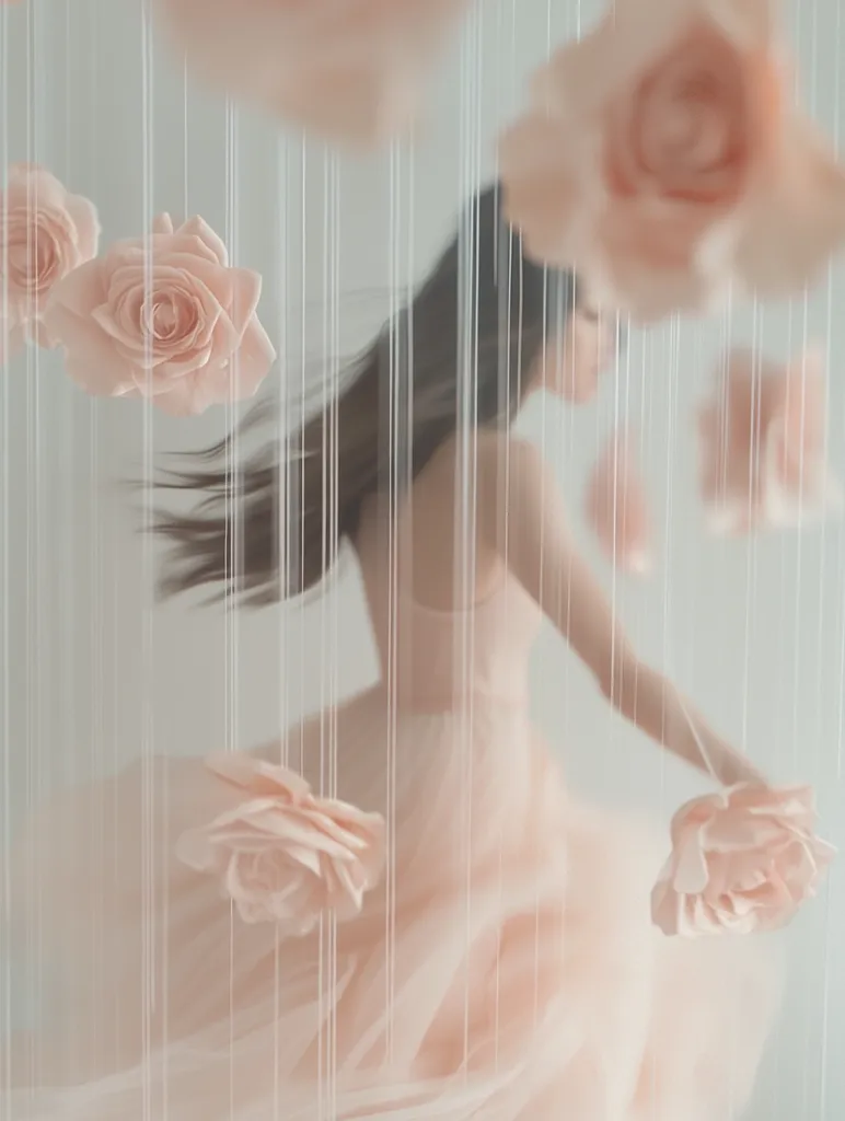 A woman in a pale pink dress twirls amidst a curtain of delicate, blush-colored fabric roses.  Her long dark hair flows around her as she moves, creating a soft, ethereal image. The roses hang from thin threads, adding to the dreamlike and romantic atmosphere.  The overall effect is one of gentle movement and delicate beauty.