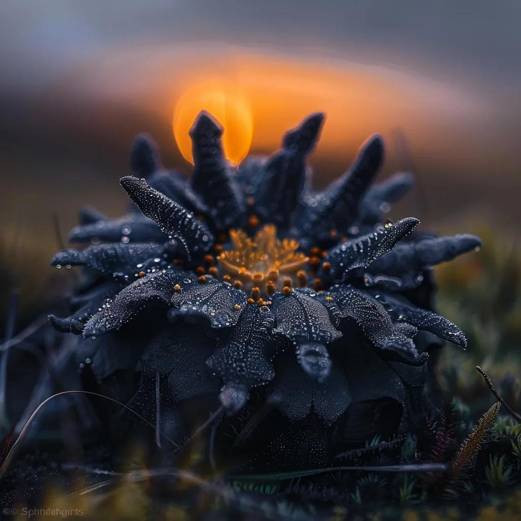 A close-up shot reveals a dark-hued flower, its petals densely covered in glistening dewdrops.  The flower's center displays a contrasting warm, golden hue.  The background is blurred, showcasing a vibrant sunset, creating a dramatic contrast between the cool flower and the warm light. The overall mood is one of serene beauty and natural wonder.