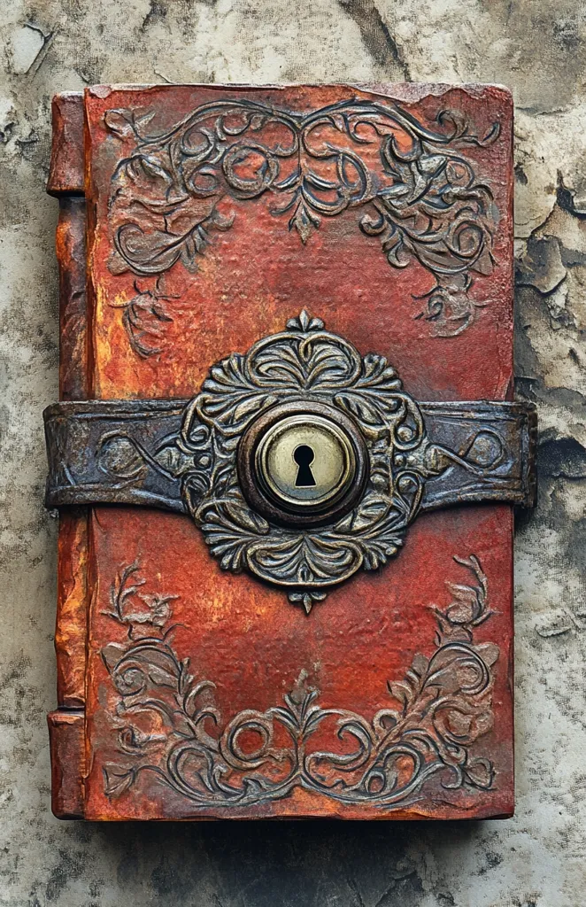 A richly textured, red leather-bound book is presented, adorned with intricate, dark metal filigree designs.  A large, ornate metal clasp secures the book, featuring a keyhole at its center.  The aged appearance of the book suggests antiquity and mystery, its surface bearing the marks of time and use.  The overall aesthetic evokes a sense of hidden secrets and forgotten lore.