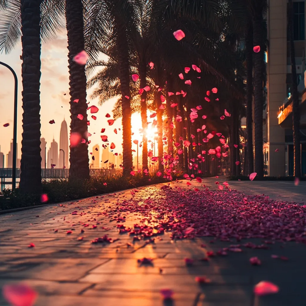 A breathtaking sunset illuminates a pathway lined with palm trees.  Rose petals, scattered and airborne, create a magical scene.  The warm light casts long shadows as the petals drift towards a cityscape in the distance.  The image evokes romance and tranquility, a moment of serene beauty captured perfectly.
