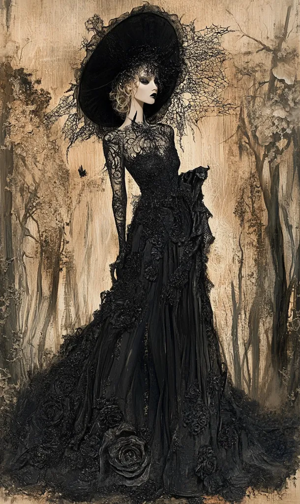 A woman in a long, black, lace gown and wide-brimmed hat stands in a dark forest.  The dress is adorned with textured, rose-like embellishments.  The background is muted, with a sepia-toned forest setting. The overall aesthetic is gothic and romantic, with a textured, almost three-dimensional quality to the artwork.  A single butterfly is visible near her shoulder.