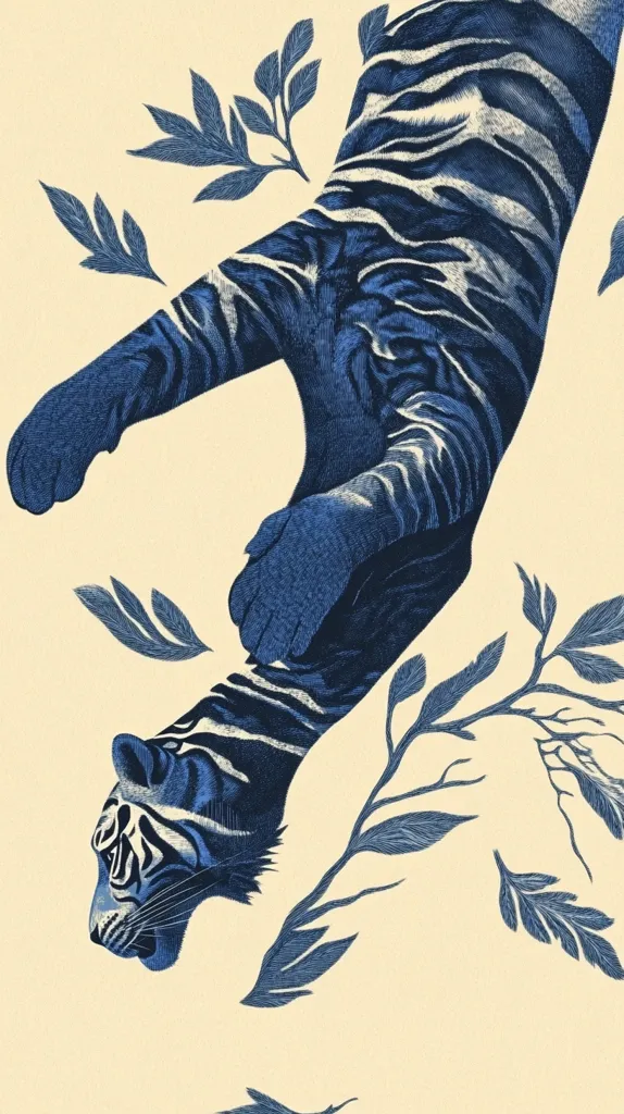 A stylized illustration depicts a blue tiger in a graceful, upside-down pose against a cream background.  The tiger's stripes are rendered with meticulous detail, creating a textured effect.  Delicate blue foliage branches are scattered around the tiger, adding a touch of elegance to the overall composition. The color palette is monochromatic, emphasizing the cool tones of the blue.