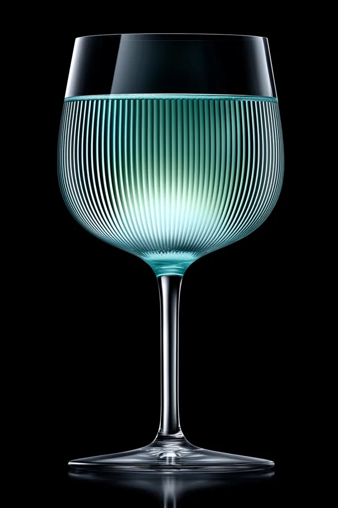 A stemmed glass, possibly a wine or cocktail glass, with a ribbed texture is partially filled with a teal-colored liquid. The glass sits against a completely black background, highlighting its shape and the liquid's color. The lighting creates a dramatic effect, emphasizing the glass's elegance and the coolness of the drink. The image is clean, minimalistic, and suggests sophistication.
