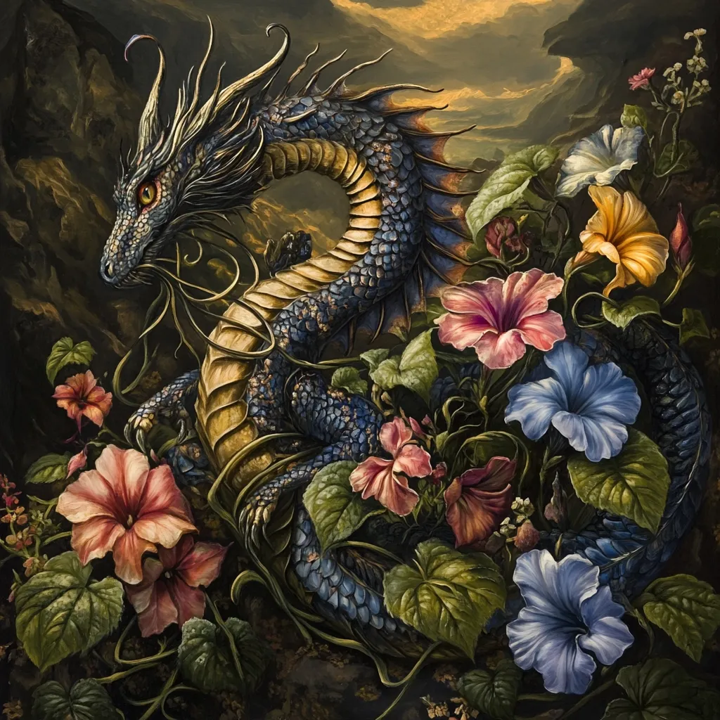 A majestic, blue and gold dragon is depicted nestled amongst a vibrant array of flowers.  Its scales shimmer, contrasting with the rich, deep greens and various hues of pink, yellow, and blue blossoms. The dragon's serpentine form gracefully weaves through the foliage, creating a serene yet powerful image.  The background suggests a mountainous landscape, adding depth to this fantasy-inspired artwork.