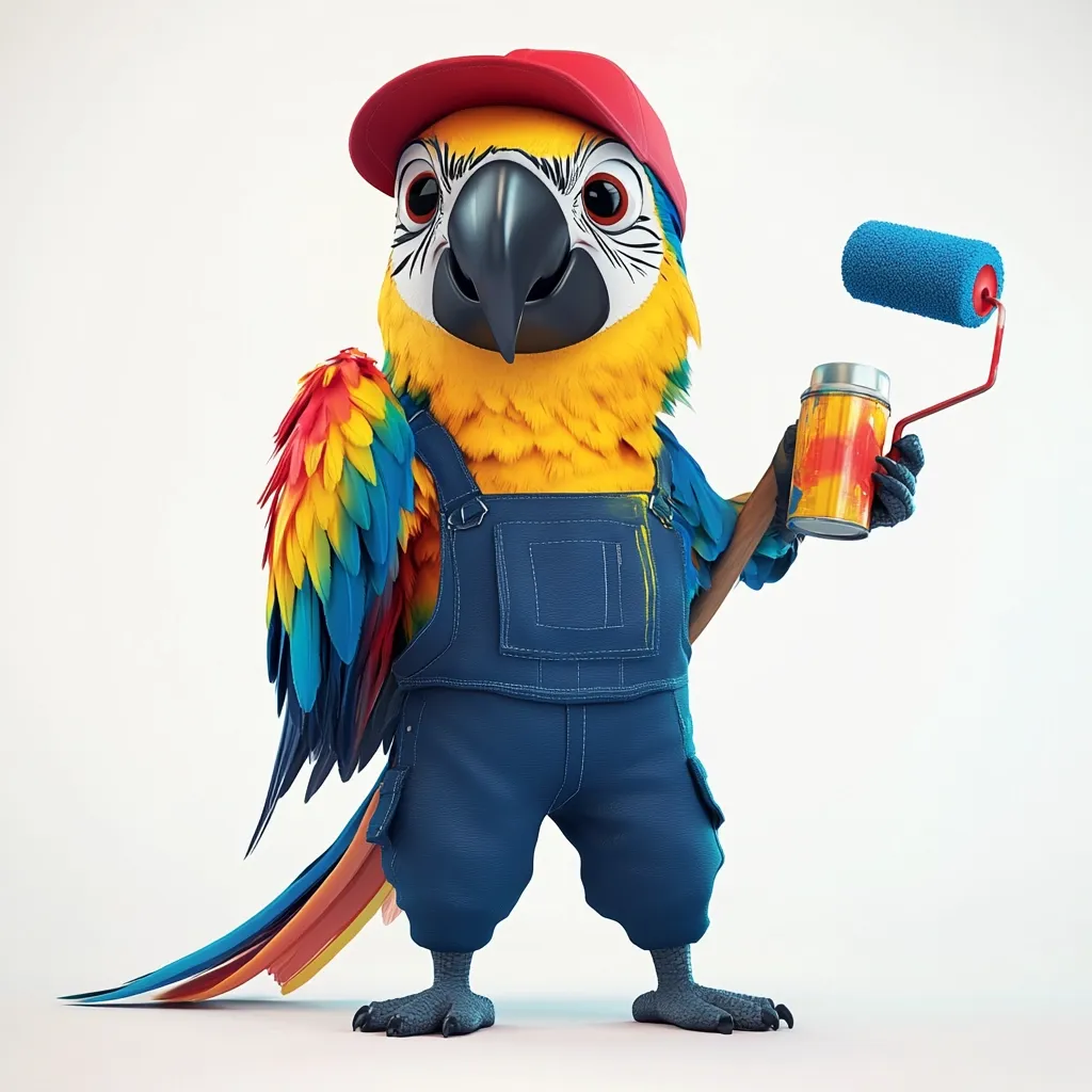 A vibrant, cartoonish macaw, wearing a red cap and blue overalls, stands proudly.  It holds a paint roller and can of paint, splatters of color adorning its attire. The bird's plumage is brightly colored, showcasing its tropical origins. The overall image is cheerful and playful, suggesting a fun and creative persona.