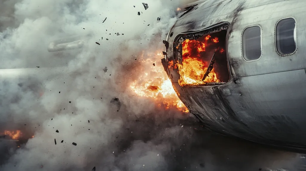 A fiery explosion engulfs a section of an airplane, causing significant damage.  Intense flames and thick smoke billow from the wreckage, with debris scattered in the air. The scene is chaotic and destructive, suggesting a catastrophic event.  The charred remains of the aircraft are visible, highlighting the intensity of the fire.