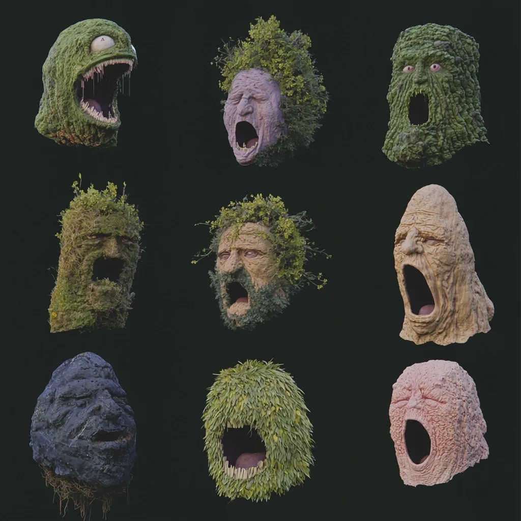 Nine digital renderings of grotesque, mossy heads, each with an open mouth revealing teeth and a gaping maw.  The heads vary in texture and color, from dark, rocky surfaces to vibrant greens and earthy tones, all covered in foliage or moss-like textures. They evoke a sense of the uncanny and possibly represent nature spirits or mythical creatures.