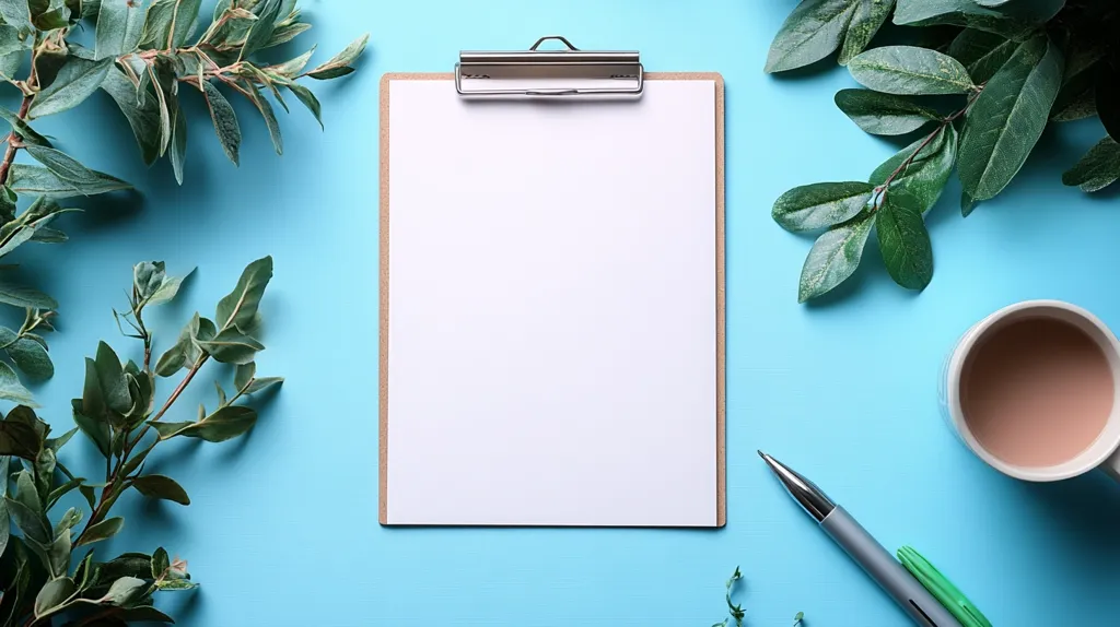 A flat lay showcasing a blank clipboard, pen, and cup of coffee on a light blue background.  Green leafy branches frame the scene, creating a calming and organized workspace aesthetic. The image suggests a peaceful and productive environment, ideal for note-taking, planning, or brainstorming. The empty clipboard invites the viewer to fill it with their own ideas.
