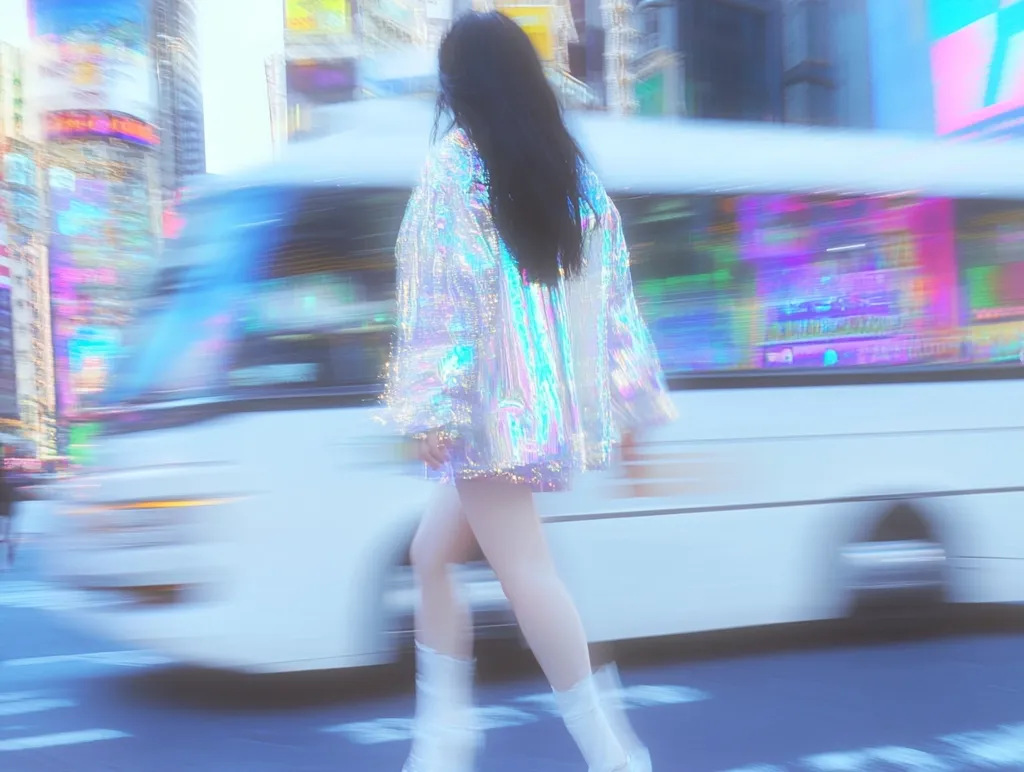 A young woman with long black hair walks through a bustling city street. She wears a shimmering iridescent jacket and short skirt, her attire reflecting the neon lights of the surrounding buildings. A blurred bus rushes past, capturing the fast-paced energy of the urban environment. The overall aesthetic is dreamy and vibrant, showcasing a blend of fashion and city life.