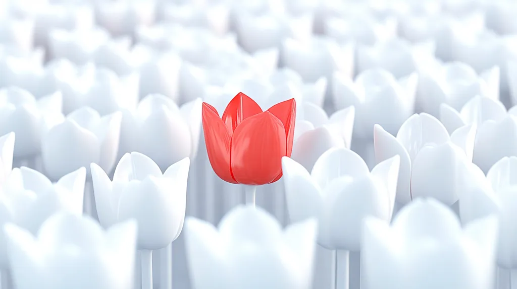 A single vibrant red tulip stands out amidst a field of pristine white tulips.  The contrast highlights the uniqueness and individuality of the red tulip, symbolizing standing out from the crowd or being different.  The image is clean and minimalist, focusing on the striking color difference. The smooth, almost artificial, appearance of the tulips adds to the overall effect.