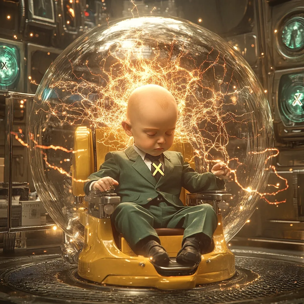 A bald baby, dressed in a miniature green suit and tie, sits serenely in a yellow chair enclosed within a transparent sphere.  Intense golden energy flows around the baby's head, suggesting powerful abilities. The futuristic setting, with metallic surfaces and glowing elements, enhances the otherworldly atmosphere.  The overall image evokes a sense of wonder and mystery.