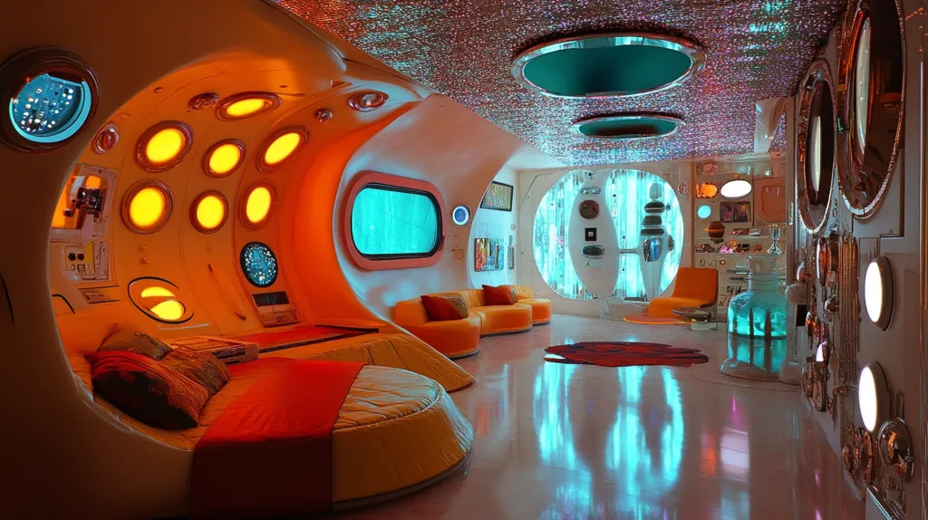 A futuristic-styled room with vibrant orange and teal lighting.  Curved walls feature circular portholes and illuminated accents.  The room includes a circular bed, modular seating, and a sparkling ceiling.  The overall aesthetic is reminiscent of a space-age or retro-futuristic design, creating a whimsical and immersive atmosphere.  A polished floor reflects the room's bright colors and lighting.