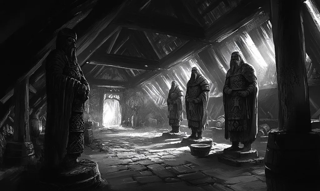 A monochromatic illustration depicts a dimly lit, rustic attic space.  Three imposing, robed figures, seemingly statues or effigies, stand on pedestals, their forms stark against the shadowed background.  The wooden beams of the attic create a strong architectural framework, with shafts of light illuminating dust motes in the air.  A sense of age and mystery permeates the scene, suggesting a forgotten place of reverence or ritual.