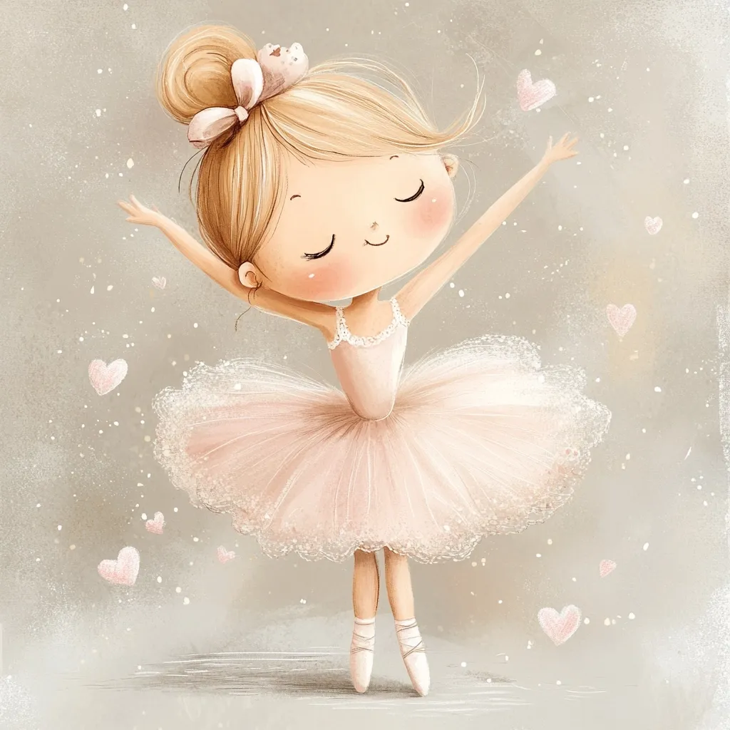 A charming illustration depicts a little ballerina with blonde hair styled in a bun, adorned with a bow.  She wears a delicate pink tutu and pointe shoes, her arms outstretched in a graceful pose.  Pink hearts float around her, creating a magical, whimsical atmosphere. The overall style is sweet and dreamy, perfect for a child's room or nursery.
