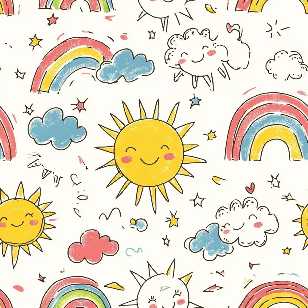 A cheerful, childlike seamless pattern features smiling suns, rainbows, and clouds against a white background.  Drawn in a crayon-like style, the design incorporates stars and playful scribbles, creating a bright and happy aesthetic. The colors are pastel and vibrant, suggesting a whimsical and joyful mood.  The overall pattern is simple yet charming, suitable for various applications.