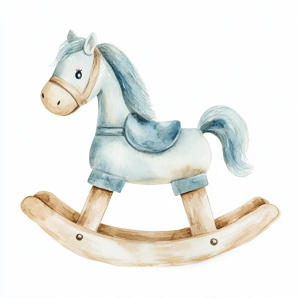 A watercolor painting depicts a charming light blue rocking horse.  The horse has a wooden base and a small, dark blue saddle.  Its mane and tail are a soft blue, and its eyes are delicately detailed.  The overall style is gentle and whimsical, suitable for children's illustrations or nursery decor. The rocking horse is isolated on a white background.