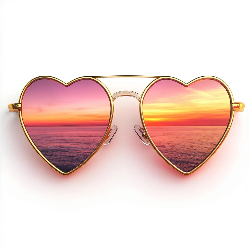 Heart-shaped sunglasses with gold frames reflect a vibrant sunset over a calm ocean.  The lenses are a rosy pink, mirroring the warm hues of the sky. The image is simple, clean, and evokes feelings of romance and summer vacation. The sunglasses are positioned centrally against a white background.