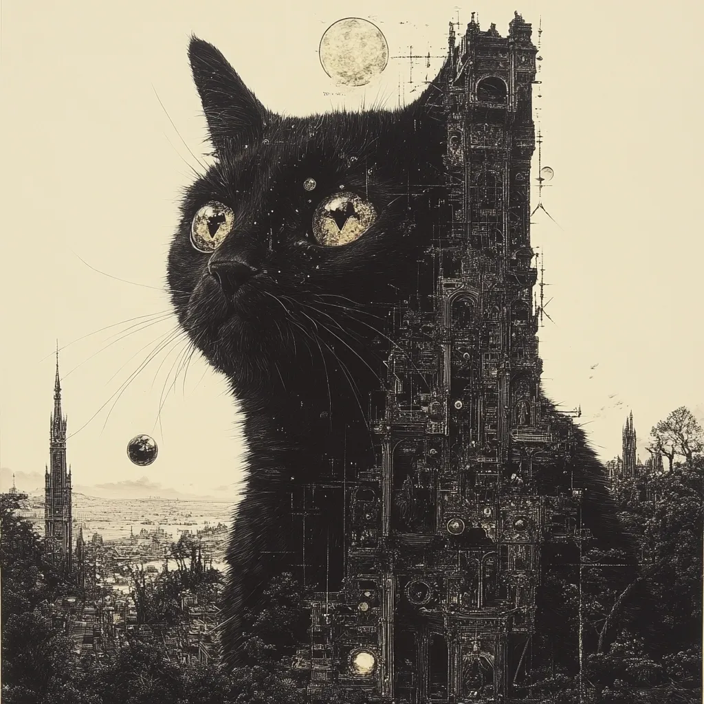 A black cat's profile dominates the artwork, its gaze directed towards a cityscape.  Intricate, steampunk-inspired architecture is superimposed onto the cat's form, creating a surreal blend of organic and mechanical elements.  A large moon and smaller celestial bodies hang in the pale sky above the detailed cityscape, adding to the dreamlike atmosphere.  The contrast between the dark cat and light background is striking.