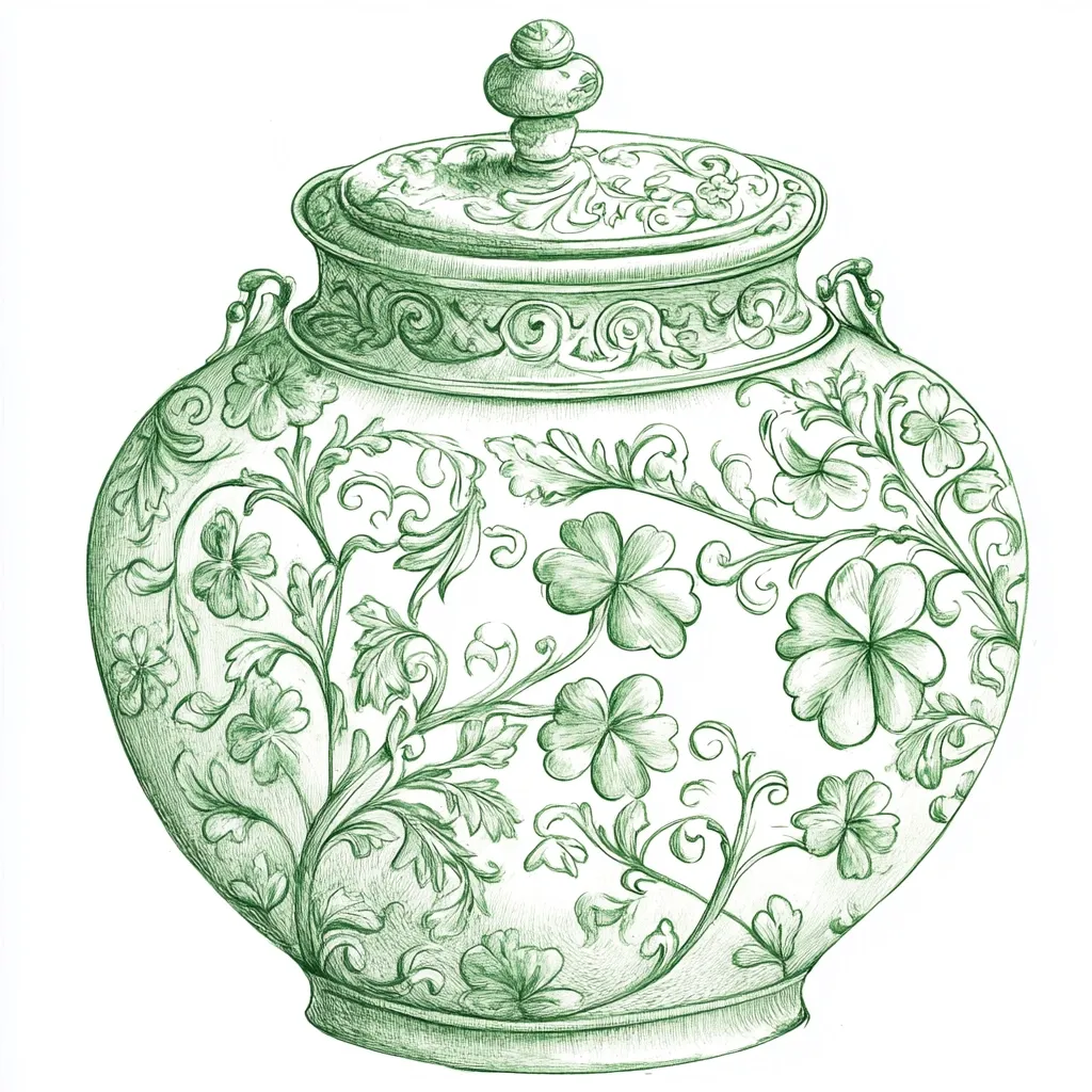A detailed green pencil sketch depicts an ornate, round jar with a lid.  The jar is adorned with an intricate, swirling floral pattern featuring four-leaf clovers.  The lid is equally elaborate with detailed carvings. The style suggests a classical or antique design, possibly inspired by  European or Asian pottery. The overall impression is one of elegance and craftsmanship.