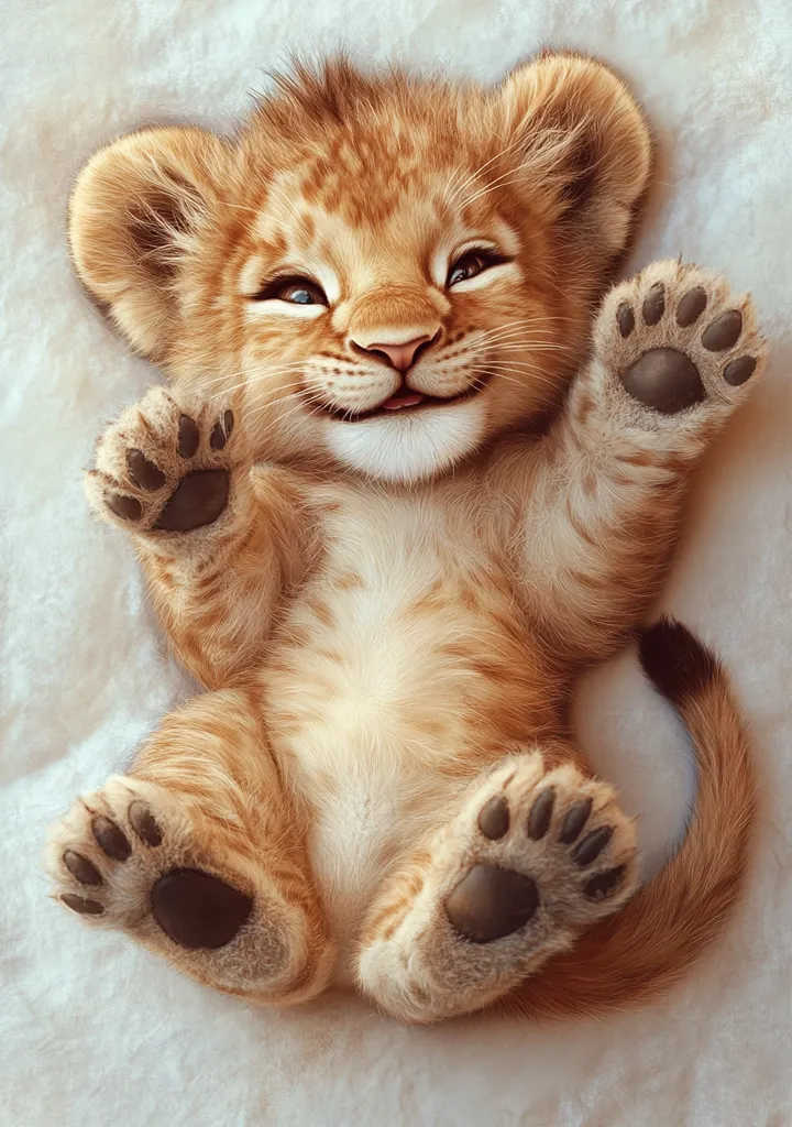 An adorable lion cub lies on its back, paws outstretched, displaying a heartwarming smile. Its fluffy, reddish-orange fur is soft and inviting.  The cub's large, expressive eyes and tiny nose add to its charming appeal. The image evokes feelings of warmth and tenderness, capturing the innocent beauty of a young lion.