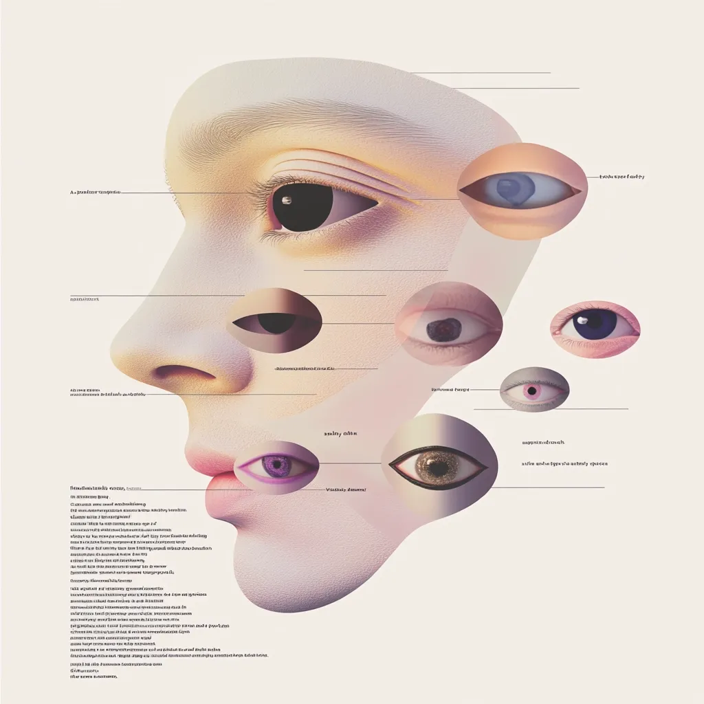 An artistic depiction of a woman's face, fragmented into sections showcasing various eye types and colors.  Each eye is labeled, highlighting differences in iris color, shape, and sclera.  The overall effect is a surreal and stylized portrait exploring the diversity of human eyes.  Text alongside provides additional detail, likely descriptive or explanatory in nature. The image employs a soft color palette with pastel shades.