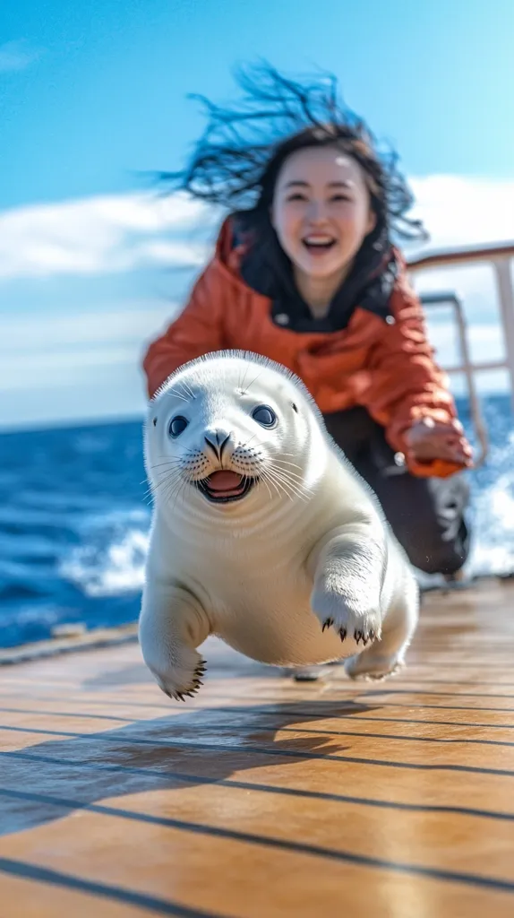 A happy white seal pup runs across a wooden deck towards a joyful young woman in an orange jacket. The woman's hair blows in the wind as she watches the adorable seal.  The ocean is visible in the background, a bright blue under a sunny sky. The scene is playful and heartwarming, capturing a unique moment of animal and human interaction.