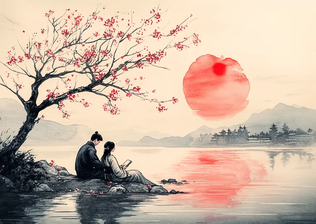 A serene watercolor painting depicts a couple seated beneath a blossoming tree by a tranquil lake.  The man and woman are engrossed in a book, enjoying the peaceful sunset. A large, red sun dominates the sky, its reflection mirrored on the calm water.  The scene is framed by distant mountains and a line of trees, creating a tranquil and romantic atmosphere evocative of East Asian art.