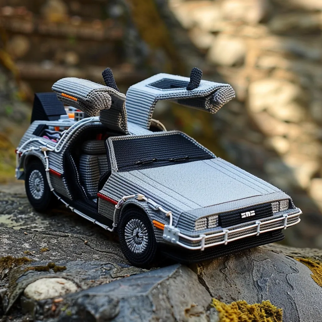 A meticulously crafted model of the DeLorean time machine from Back to the Future is showcased.  The model, constructed with a unique, textured technique, exhibits impressive detail, including open gull-wing doors, revealing its intricate interior.  It rests on a rocky surface, providing a visually striking contrast against the blurred natural backdrop. The lighting highlights the textures and the vehicle's iconic design.