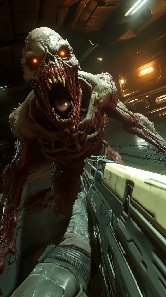 A terrifying, blood-soaked creature with glowing orange eyes lunges towards the player in a first-person shooter game. Its gaping maw reveals sharp teeth, and its grotesque form is a testament to its violent nature. The player's hand grips a futuristic firearm, ready to engage the horrifying enemy in a desperate fight for survival within a dark, industrial setting.  The scene is tense and ominous.