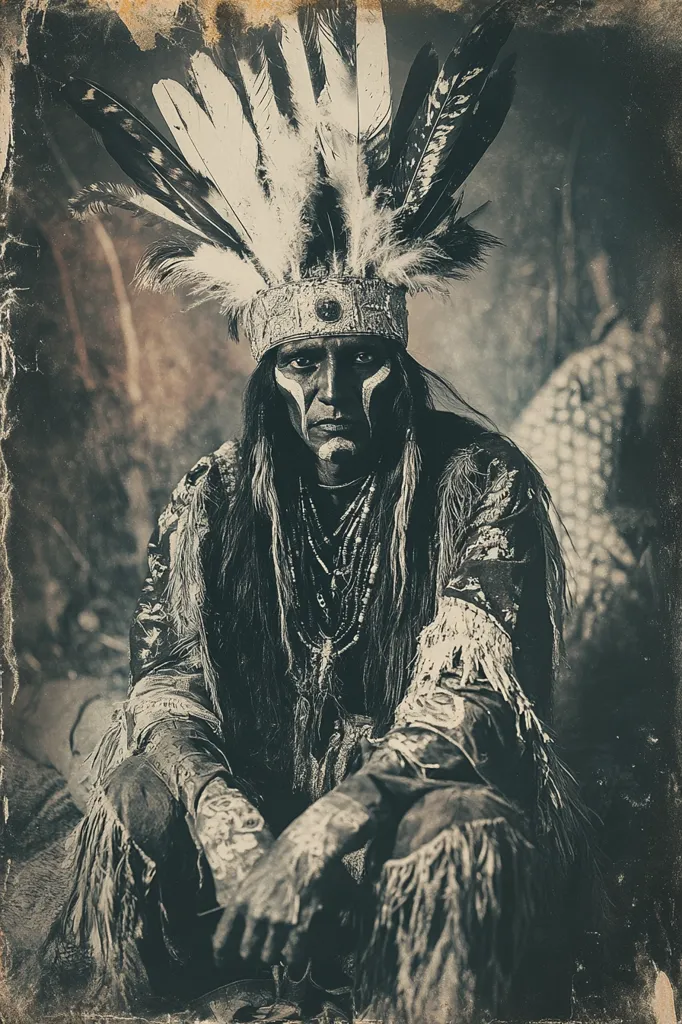 A sepia-toned portrait showcases a Native American man, his face adorned with dark paint, seated against a blurred background.  He wears a magnificent headdress of feathers and intricate beadwork, his long dark hair cascading around his shoulders.  The image evokes a sense of history and tradition, the man's solemn expression adding to the powerful and timeless atmosphere. The textured background suggests an aged photograph or painting.