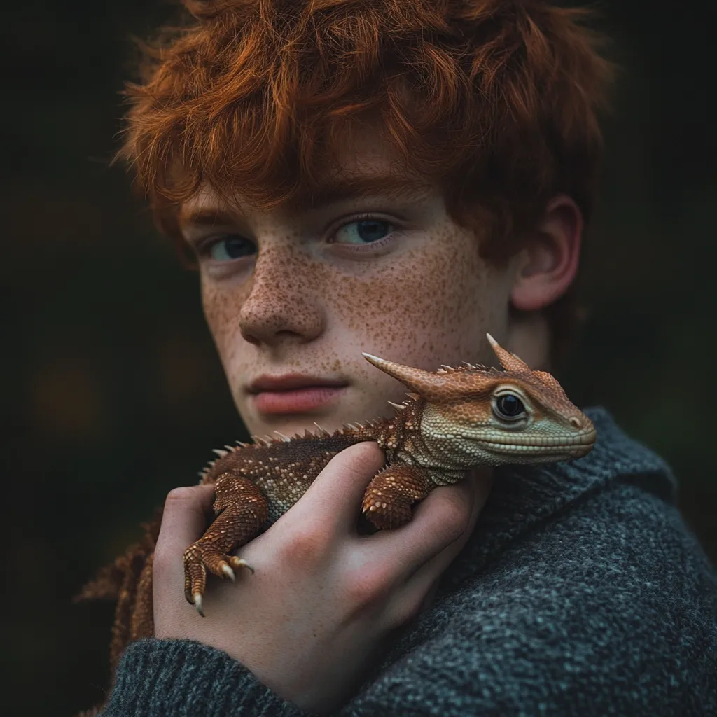 Close-up portrait of a freckled redhead young man gently holding a small, horned lizard.  The boy's expression is serious and contemplative. The lizard is brown and intricately patterned, perched on his shoulder and cradled in his hands. The background is blurred, emphasizing the subject. The image evokes a sense of quiet intimacy and connection between the boy and his unusual pet.