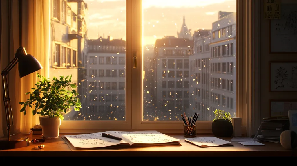 A cozy workspace is bathed in the warm glow of a setting sun.  A large window overlooks a city dusted with snow, the light illuminating a desk with an open notebook, pen, and potted plants. A desk lamp casts a soft light, creating a peaceful and inviting atmosphere.  The scene evokes feelings of calm and creative inspiration.