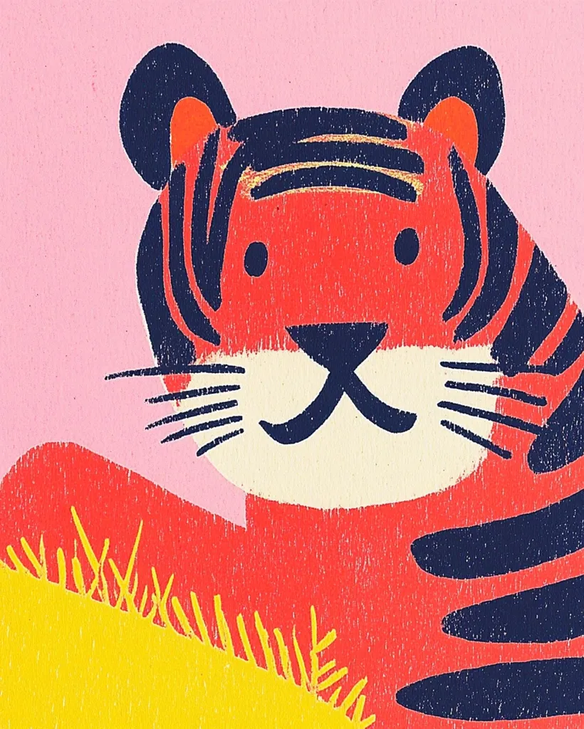 A stylized illustration of a tiger's head and shoulders against a pink background.  The tiger is depicted in bold, flat colors: a coral orange body with navy blue stripes, and dark navy ears.  A simplified, almost childlike rendering is used, emphasizing bold shapes and a cheerful expression.  Part of a yellow field is visible at the bottom.