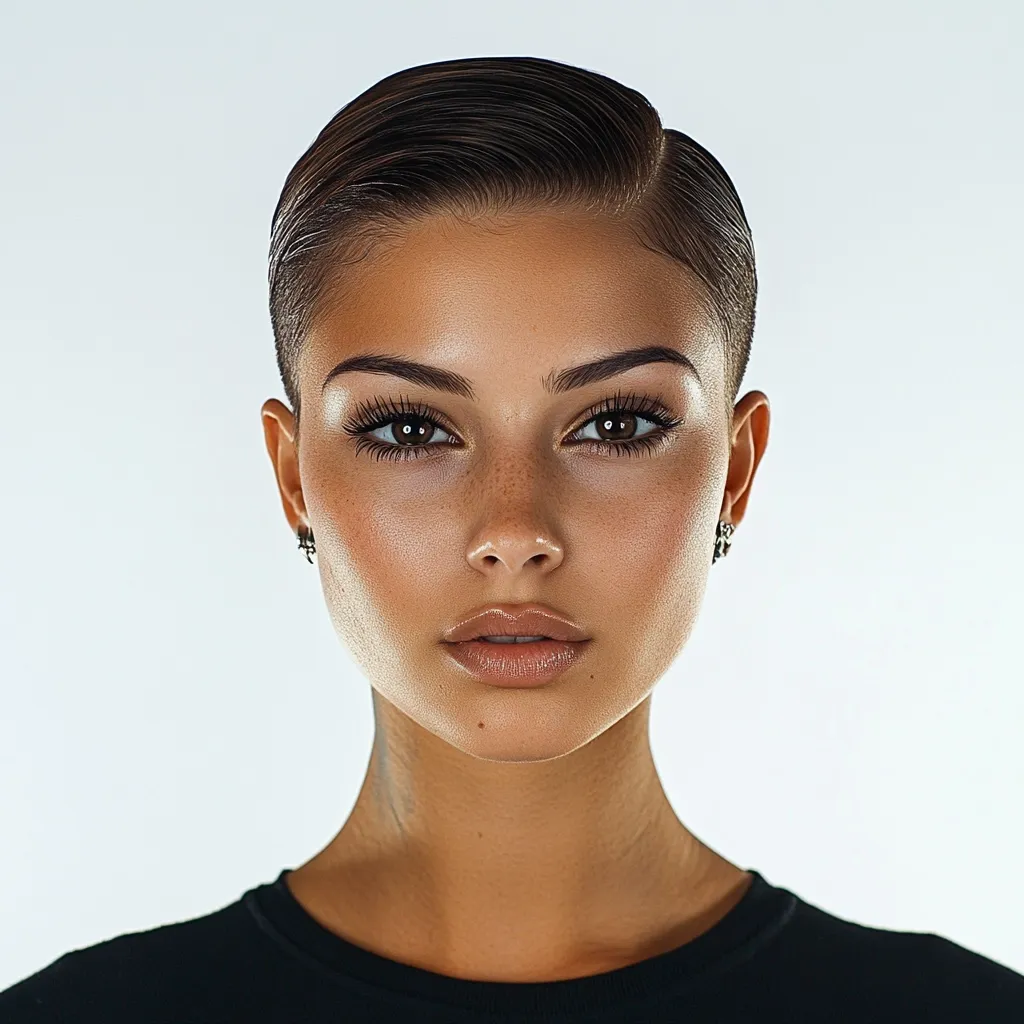 A close-up portrait of a young woman with short, styled dark hair.  She has tan skin, freckles, and dark eyes accentuated by makeup. Her expression is serious and direct, gazing straight at the camera.  She wears a simple black shirt, and the background is a plain, light gray. The overall impression is one of beauty and confidence.