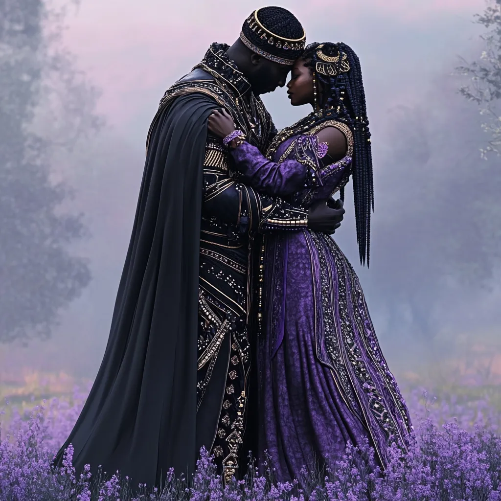 A king and queen, adorned in regal black and purple attire, stand embraced in a lavender field.  The misty background suggests a mystical, ethereal setting.  Their elaborate clothing, rich with gold detailing, hints at a story of power and romance.  The image evokes a sense of timeless love and regal majesty.