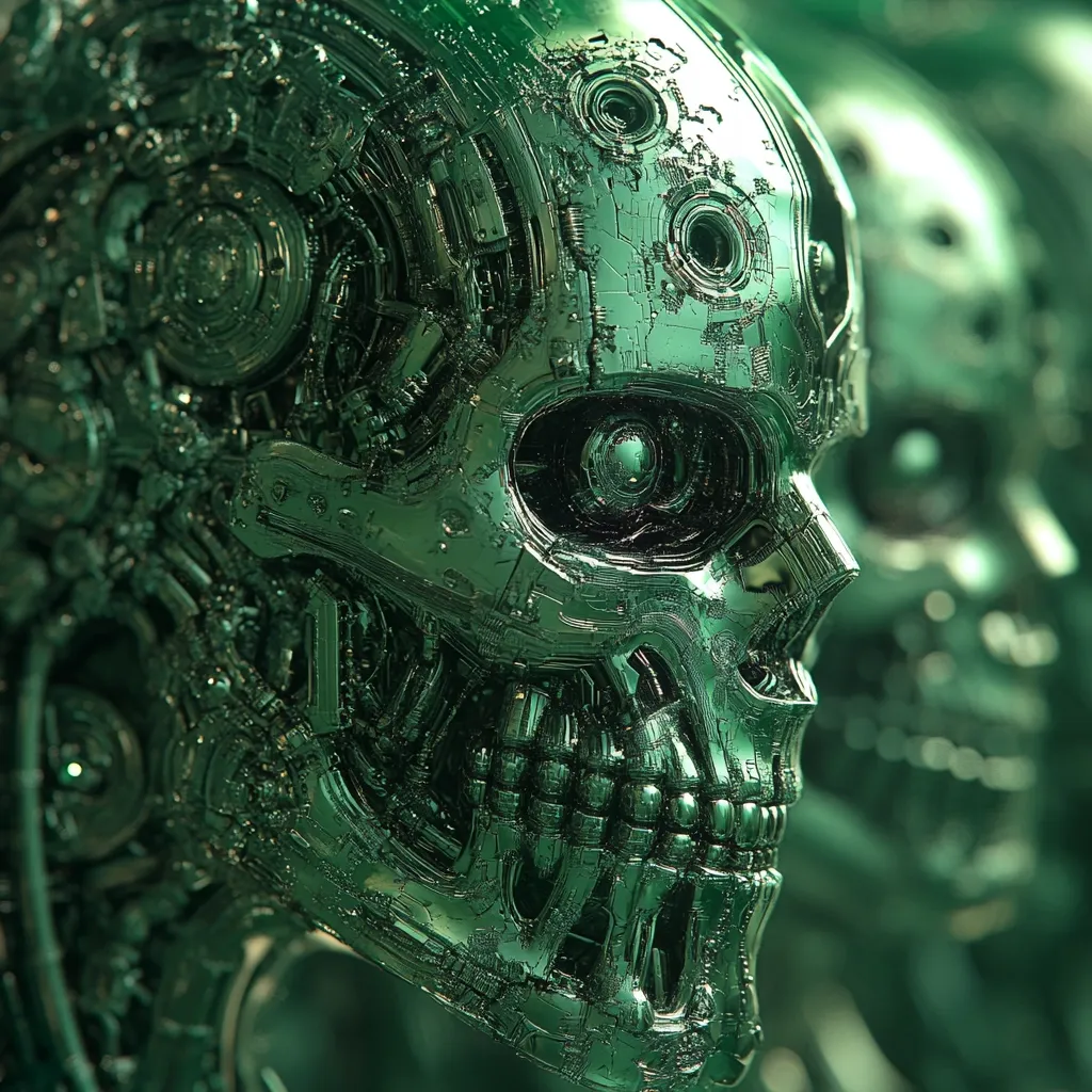 A close-up reveals a metallic, skull-like robotic head, intricately detailed with visible circuitry and mechanical components.  Its surface gleams with a dark, greenish hue, suggesting a sophisticated, perhaps artificial, intelligence.  The image implies a series of these robots, blurring slightly into the background, creating a sense of mass production or an army. The overall aesthetic is futuristic and slightly ominous.