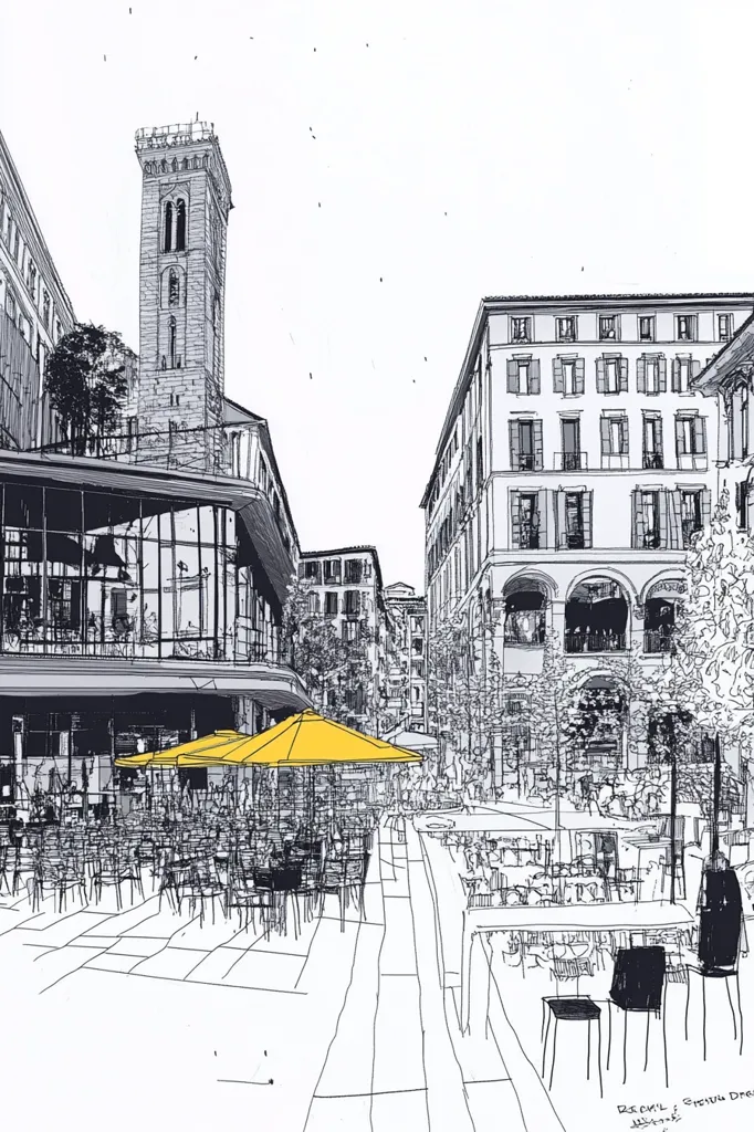 A sketch depicts a bustling European street scene.  Tall buildings line a paved walkway, where outdoor cafes are filled with patrons under yellow umbrellas. A prominent tower stands in the background, adding architectural interest. The style is loose and expressive, capturing the atmosphere of a lively urban space.  The overall tone is monochrome with the yellow umbrellas providing a pop of color.