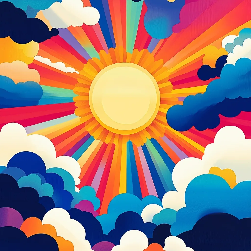 A vibrant, stylized sun radiates multicolored rays against a backdrop of colorful clouds.  The illustration features a retro aesthetic, with bold colors and simplified shapes reminiscent of 1960s or 70s art.  The sun is depicted as a large, bright yellow circle with orange petals, surrounded by a variety of blues, purples, oranges, and reds in the clouds and rays. The overall effect is cheerful and optimistic.