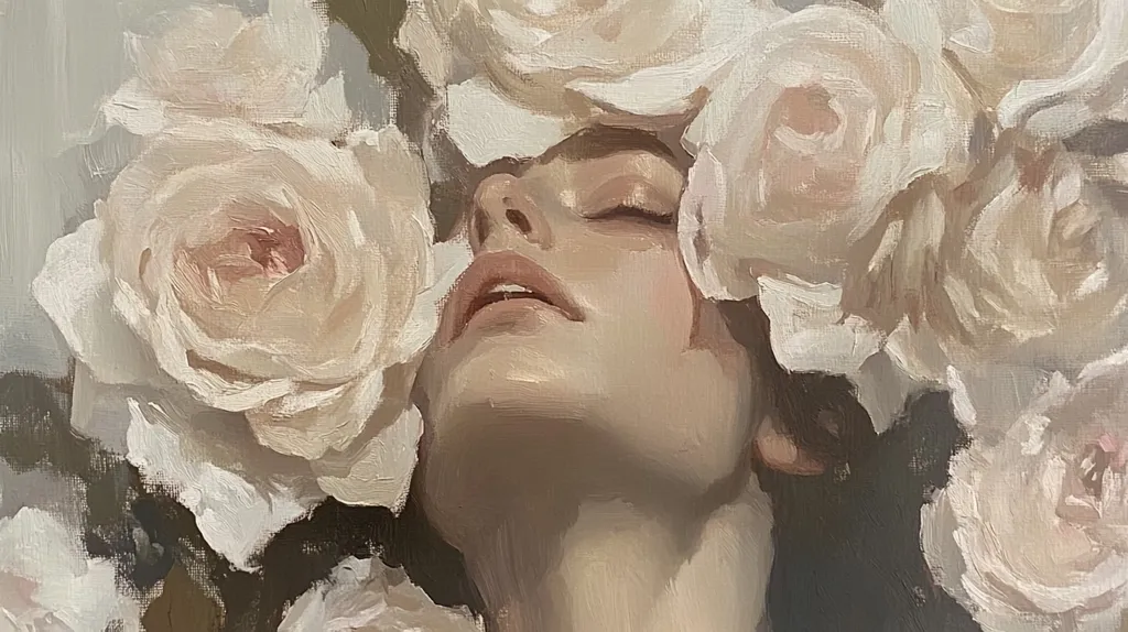 A woman's face, eyes closed, is nestled amongst a profusion of creamy, off-white roses.  The painting uses thick, visible brushstrokes, creating a textural effect.  The overall palette is muted, with soft browns and whites dominating, conveying a sense of serene beauty and tranquility. The roses almost entirely envelop the woman, creating a romantic and dreamlike atmosphere.