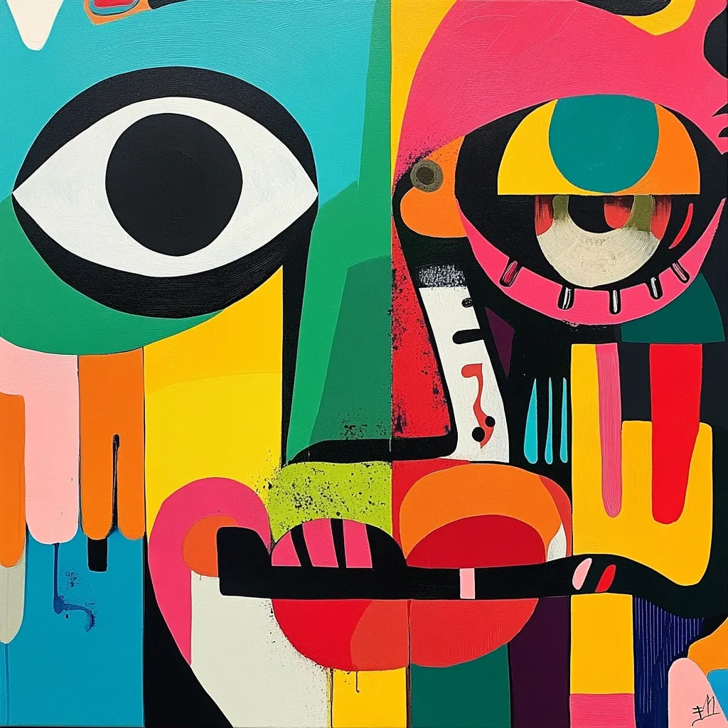 A vibrant abstract artwork features two stylized faces, divided down the middle.  Bold geometric shapes and contrasting colors—teal, pink, yellow, red, and black—create a dynamic composition.  Large eyes are central to each face, while other features are fragmented and suggestive, enhancing the piece's playful yet serious tone.  The style blends elements of Cubism and Pop Art, with a unique energy conveyed through the color palette and the artist's confident brushstrokes.