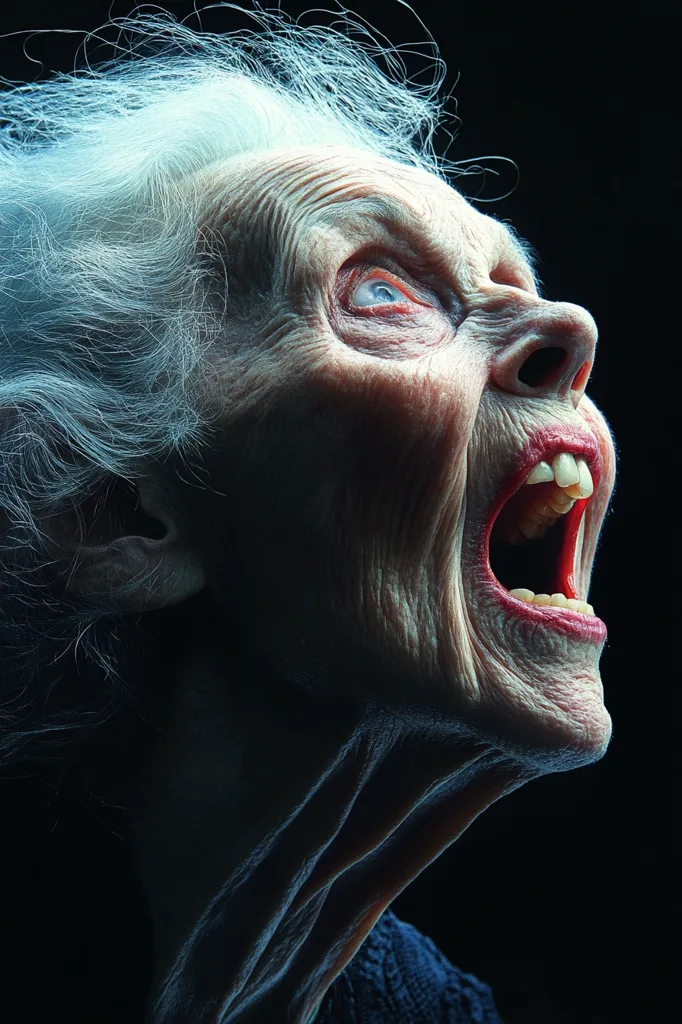 A close-up shot reveals an elderly woman's face, her mouth wide open in a scream.  Her deeply lined skin and wild, white hair accentuate the intensity of the expression.  The dark background isolates the figure, emphasizing the stark contrast between her light skin and the shadows.  The image evokes a feeling of terror or anguish.