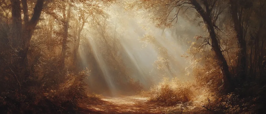 Golden sunlight streams through a misty forest, illuminating a path winding between ancient trees.  The air hangs heavy with moisture, and the muted tones of autumn leaves create a serene and magical atmosphere.  Tall tree trunks flank the path, their shadows stretching long and mysterious.  The overall effect is one of tranquility and ethereal beauty.