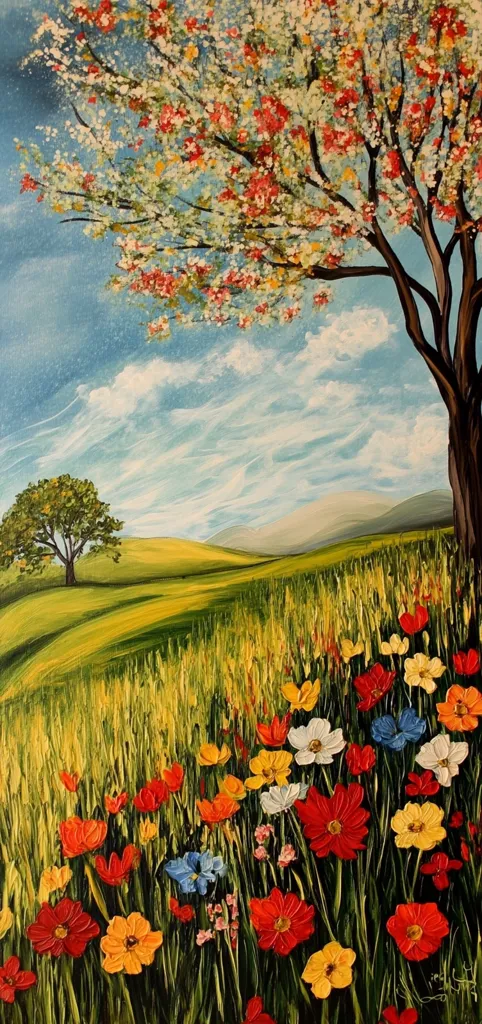 A vibrant landscape painting depicts a blooming spring scene.  A large, flowering tree stands prominently, its branches heavy with pink and white blossoms, against a bright blue sky with fluffy white clouds.  In the foreground, a field of colorful wildflowers, predominantly red, yellow, and white poppies, stretches towards a solitary tree on a gently rolling hill.  The painting's style is impressionistic, with visible brushstrokes creating texture and depth.
