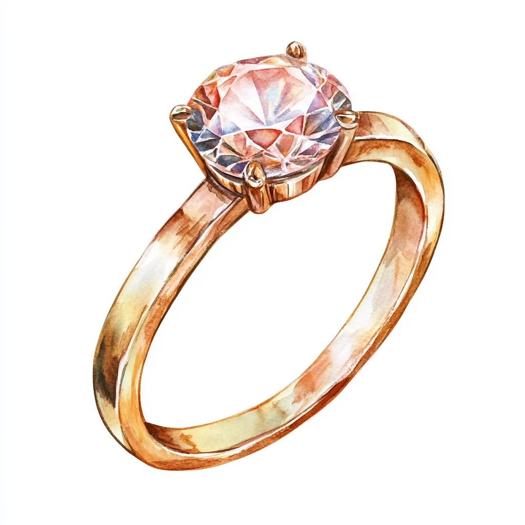 A watercolor painting showcases a solitaire diamond ring. The ring features a round brilliant-cut diamond set in a classic four-prong setting.  The band is a warm rose gold, elegantly curved. The diamond displays subtle color variations, hinting at internal fire and brilliance. The overall style is delicate yet luxurious, ideal for engagement or special occasion.