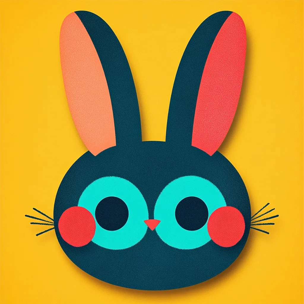 A stylized rabbit's face is presented against a vibrant yellow background.  The rabbit features large, teal eyes, red cheeks, and long, dark ears with inner coral accents.  Its simple, bold design uses a color palette of deep teal, coral, and bright yellow, creating a playful and cheerful image.  The rabbit's whiskers are short and thin. The texture appears slightly grainy.