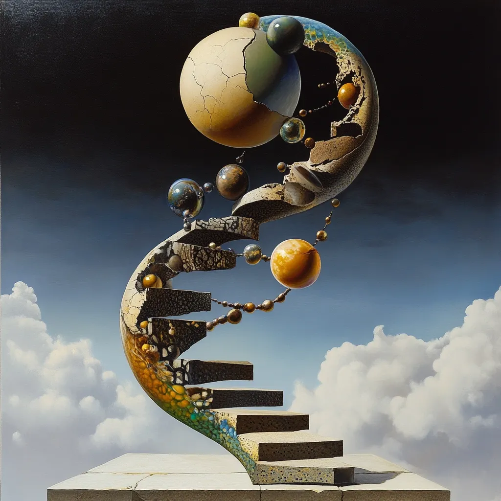 A surreal painting depicts a spiraling staircase ascending into a cloudy sky.  The staircase is fragmented, revealing inner textures and colors.  Spheres of varying sizes and hues, connected by a beaded chain, are interspersed along the structure, creating a dreamlike, celestial scene.  The overall impression is one of ascent and cosmic wonder.